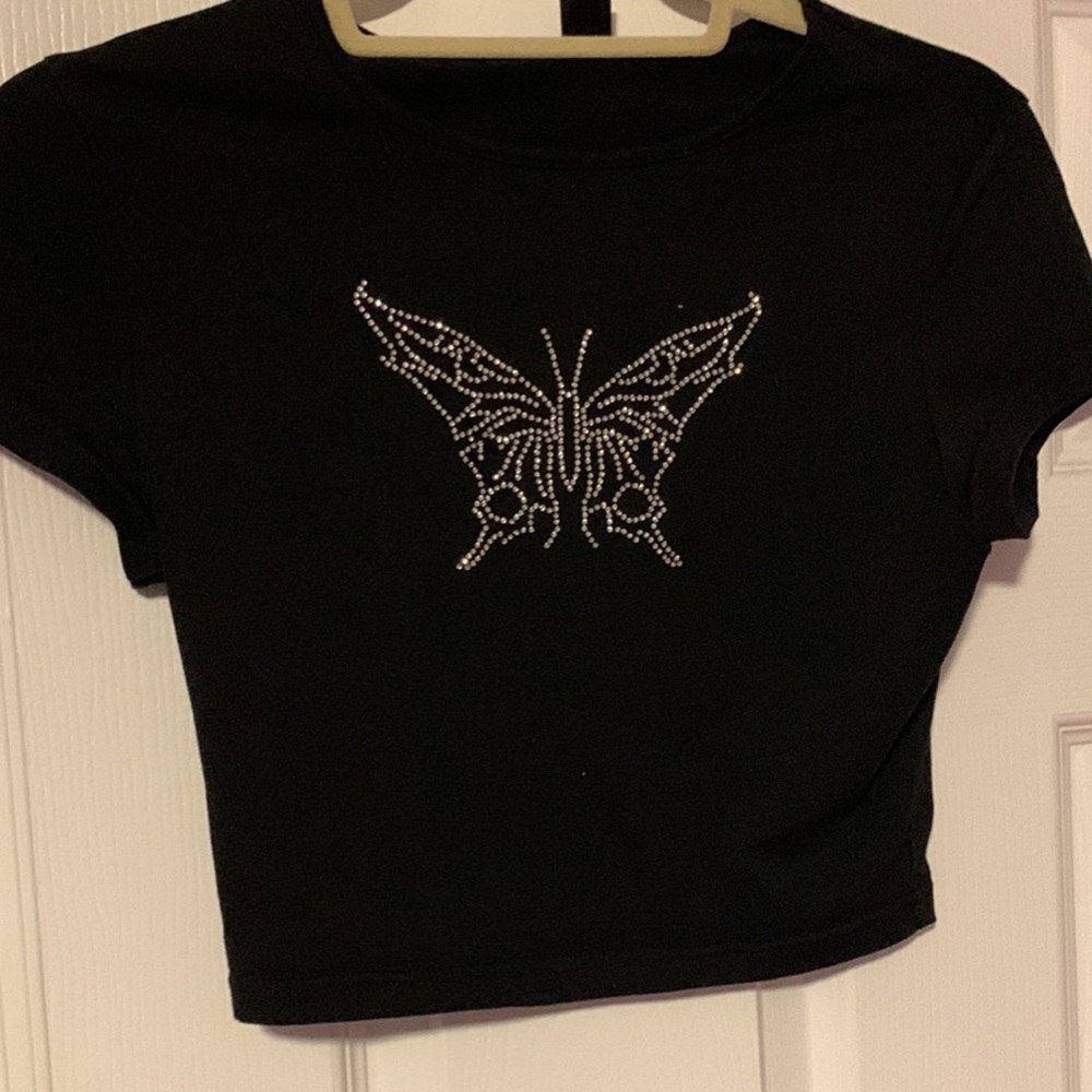 Black Crop Top with Rhinestone Butterfly